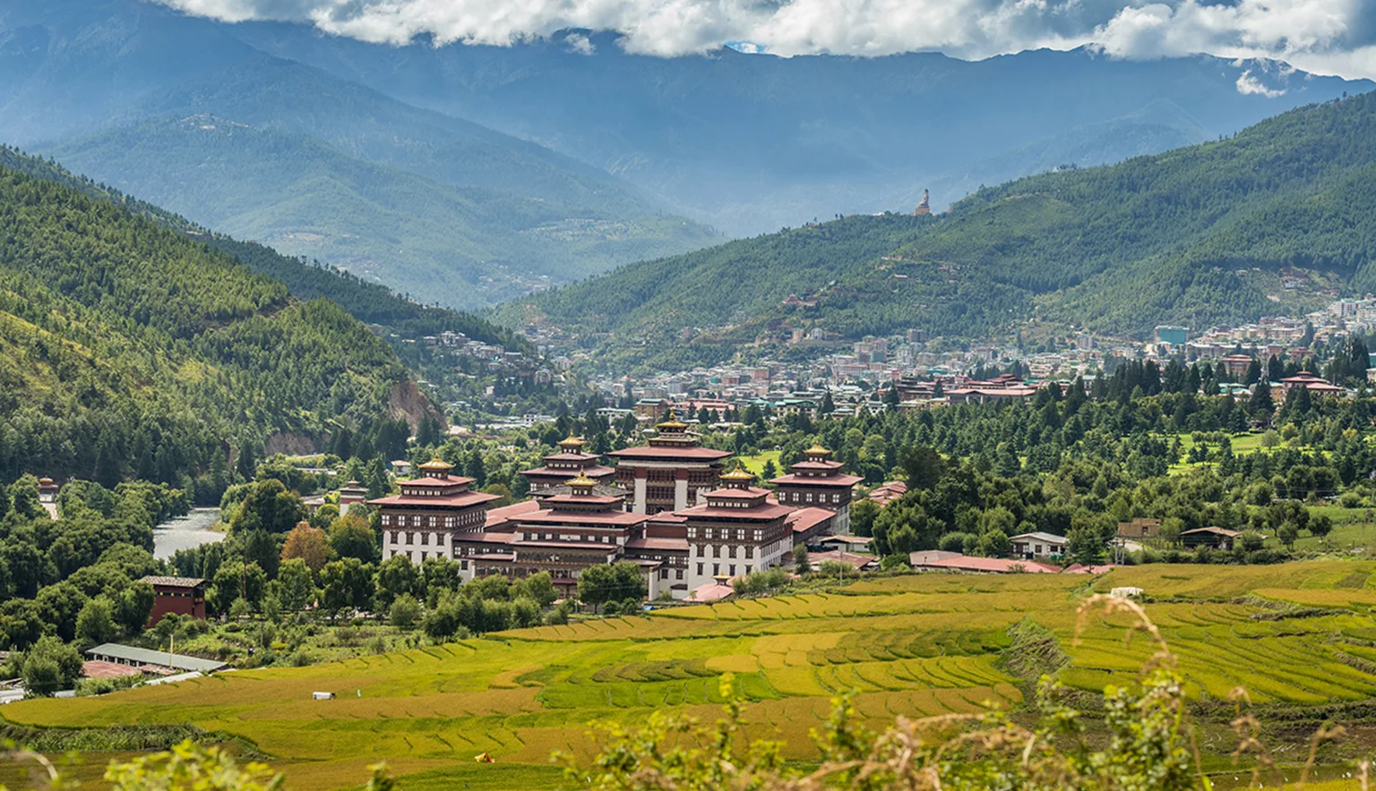 Panoramic mountain landscape in Bhutan representing line production and film execution environment
