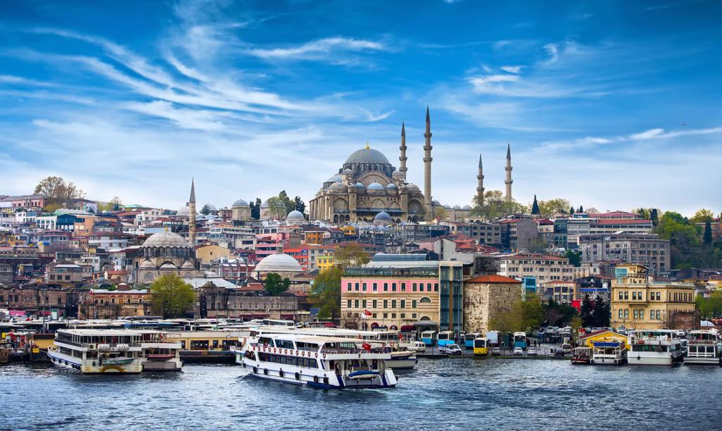Scenic coastal cityscape of Turkey with blue waters and historic skylines