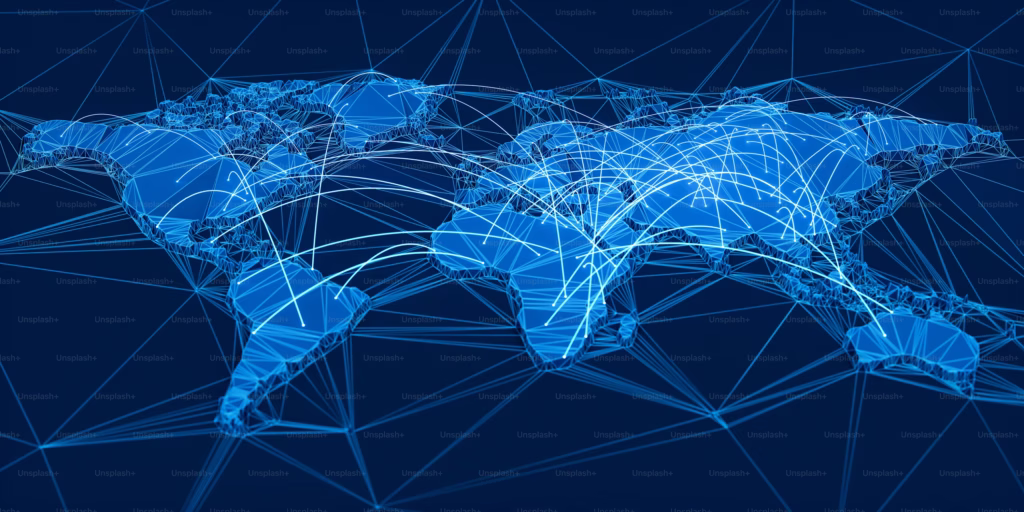 World map with routing overlays showing global line production network connecting film execution corridors across regions
