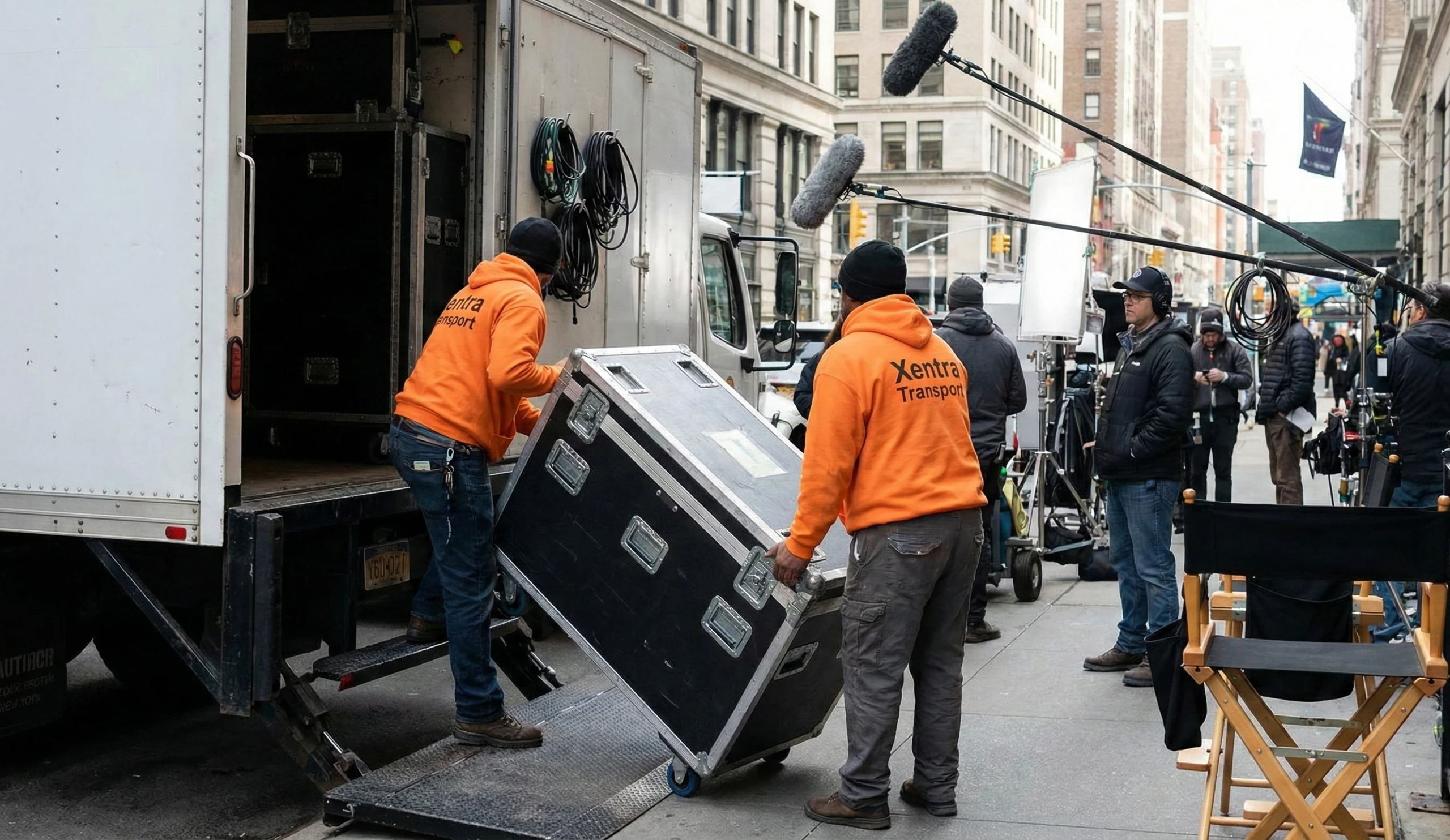 what changes on set when productions move countries shown through crew unloading film equipment from a truck during cross-border production logistics