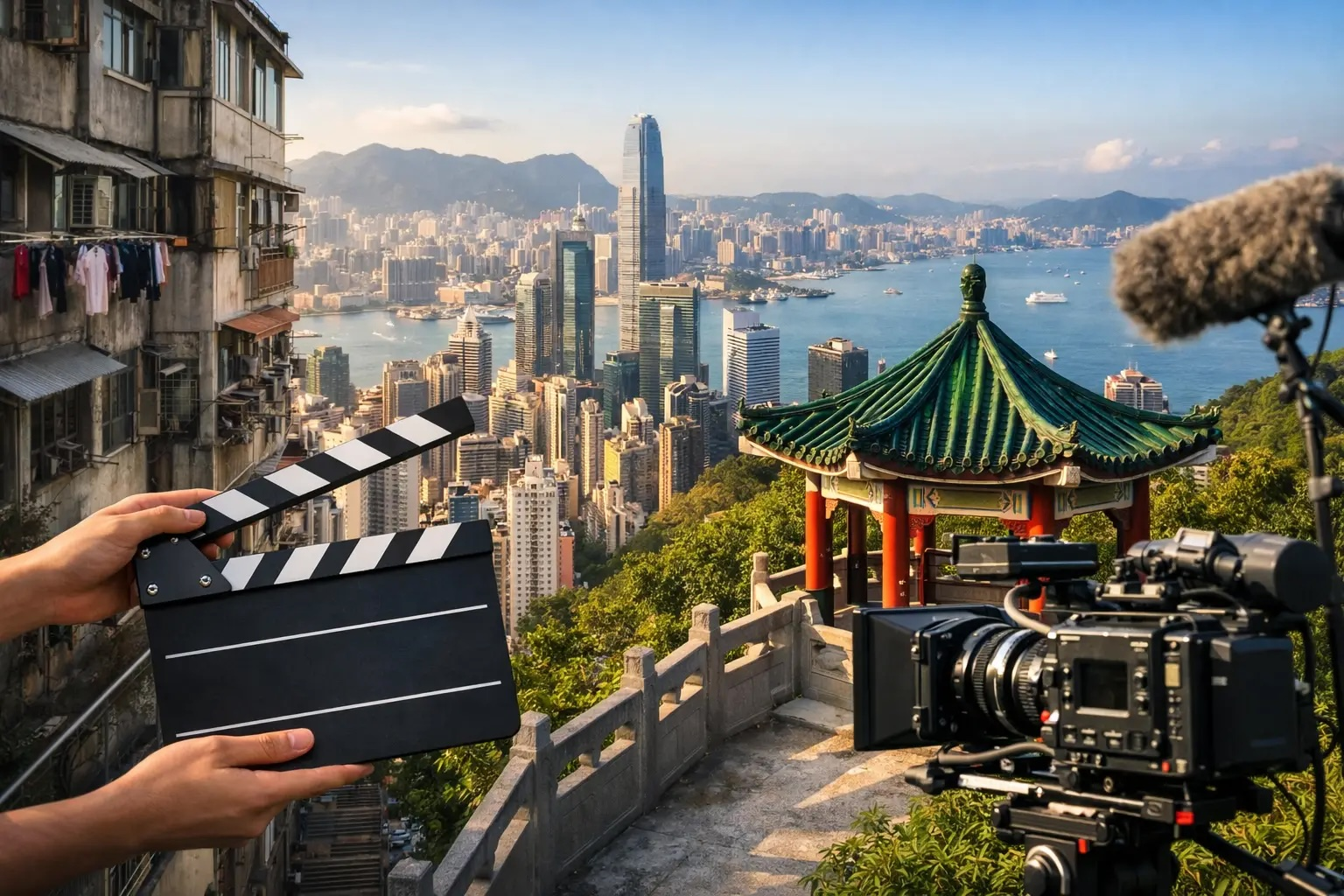 Line producer and crew on a movie filming location in Hong Kong